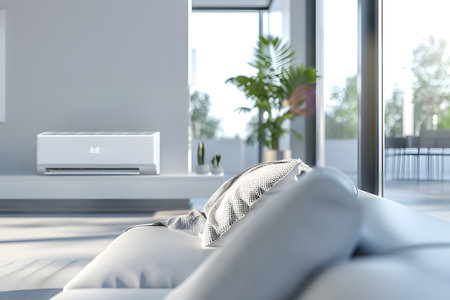 Generic air purifier or AC controller unit mockup with modern bright living room. Generate AIの素材