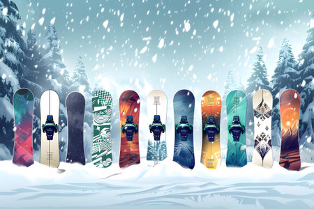 Group of snowboards with different designs in a raw with snow forest background. Generate AIの素材