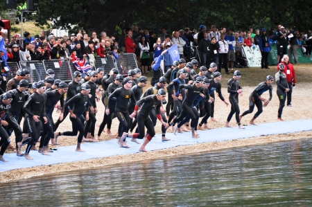 VITORIA-GASTEIZ, SPAIN - JULY 29   Athletes on Start of the the Long Distance Triathlon World Championships, July 29, 2012 in Vitoria Gasteiz, Basque Country, Spainのeditorial素材