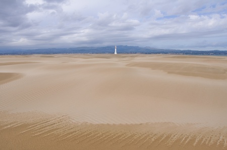 Lighthouse and dunes in Punta del Fangar, Ebro Delta, Spainの写真素材