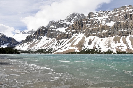 Bow Lake in Spring, Rocky Mountains, Canadaの写真素材