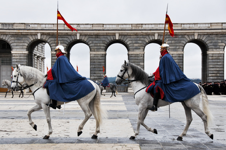 Royal Guards participate in the Changing of the Guard at Royal Palace on february 12, 2014 in Madrid, Spainのeditorial素材