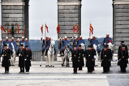 Royal Guards participate in the Changing of the Guard at Royal Palace on february 12, 2014 in...