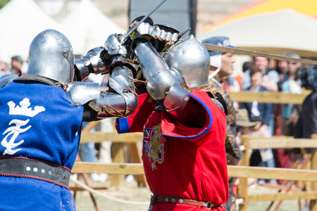 Fighters on the World Championship of Medieval Combat on May 2, 2014 in Belmonte, Cuenca, Spain  This championship is celebrating in the Belmonte castle from May 1 to May 4 のeditorial素材