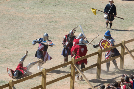 Fighters on the World Championship of Medieval Combat on May 2, 2014 in Belmonte, Cuenca, Spain  This championship is celebrating in the Belmonte castle from May 1 to May 4 のeditorial素材