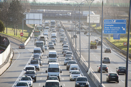 Traffic jam during rush hour on A2 highway, Madrid-Barcelonaのeditorial素材