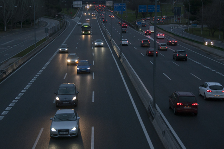 Traffic jam at evening on  A2 highway  Madrid-Barcelona  on February 4, 2014 in Madrid, Spain  のeditorial素材