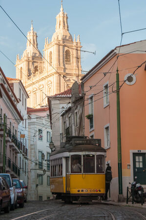 Traditional tram in Alfama district  on October 26, 2013 in Lisbon, Portugal のeditorial素材