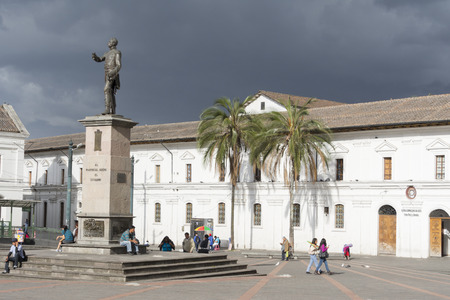 Historic Plaza de Santo Domingo with Dominican art museum in old town on August 25, 2014 in Quito, Ecuador.のeditorial素材