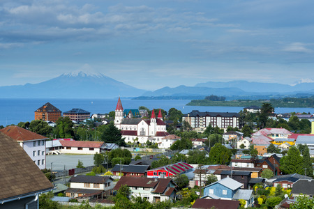 View of the city of Puerto Varas and Llanquihue lake and Osorno volcano, Chileのeditorial素材
