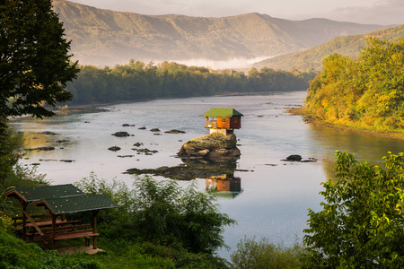 Lonely house on the river Drina in Bajina Basta, Serbiaの写真素材