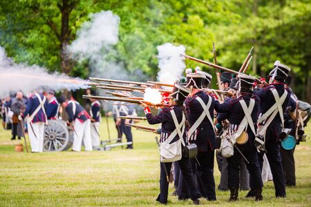 Re-enactment of the battle of Vitoria Between British, Portuguese and Spanish army under General Wellington and the French army in 1813 on May 28, 2016 in Vitoria, Spainのeditorial素材