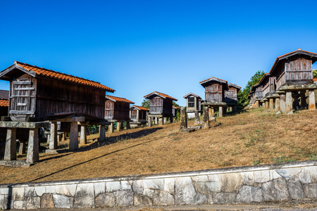 Horreos-granaries of A Merca, the highest concentration of granaries in Galicia, Spainのeditorial素材