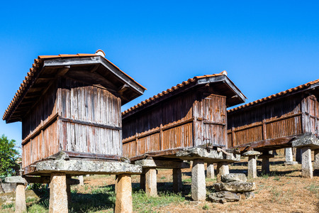 Horreos-granaries of A Merca, the highest concentration of granaries in Galicia, Spainのeditorial素材