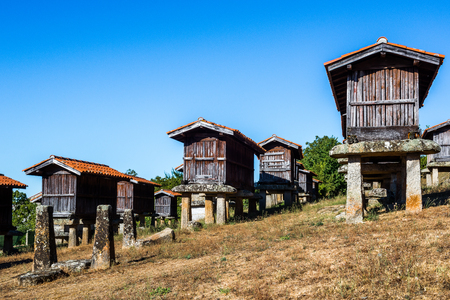 Horreos-granaries of A Merca, the highest concentration of granaries in Galicia, Spainのeditorial素材