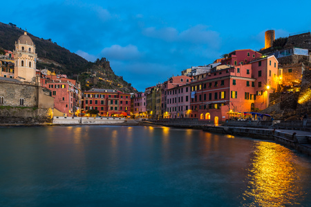 Vernazza at night, one of the colorful villages of Cinque Terre, Italyの写真素材