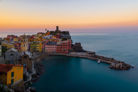 Vernazza village at sunrise, Cinque Terre, Italyの写真素材