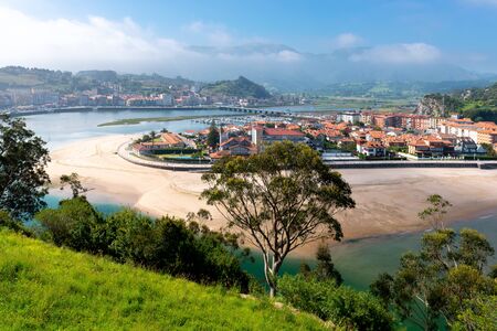 Panorama of Ribadesella village and Santa Marina beach from Corberu mountain, Asturias, Spainの写真素材