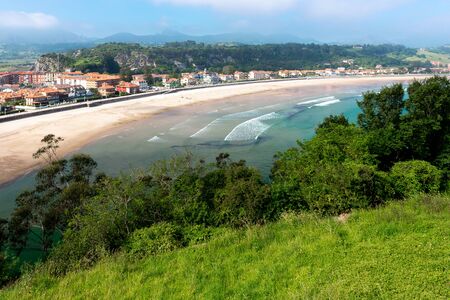 Panorama of Ribadesella village and Santa Marina beach from Corberu mountain, Asturias, Spainの写真素材