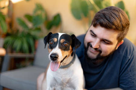 Friendly young man hugging his cute grocer dog with both hands while looking at him, the dog has the tongue out while looking at cameraの写真素材