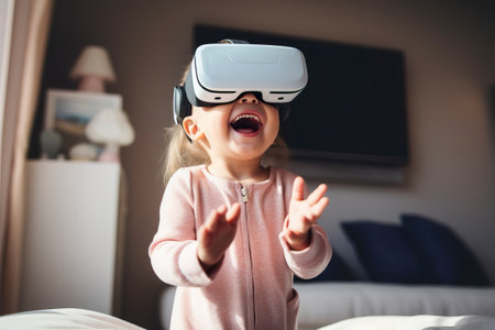 A young baby is having fun and laughing while playing with virtual reality glasses on, playing at home, bright and white house, sitting on the couch aloneの写真素材