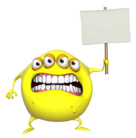 3d cartoon yellow monster holding placardの写真素材