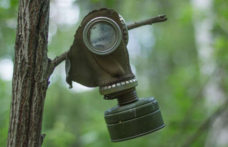 An old broken gas mask hanging on a treeの写真素材