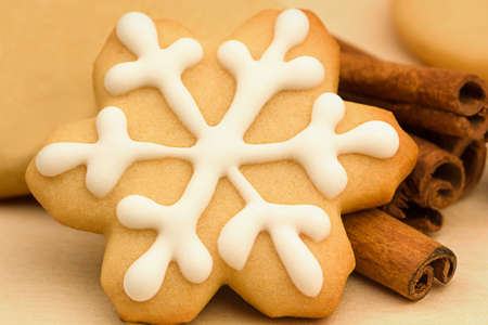 Close-up of snowflake-shaped cookies with cinnamon. Homemade Christmas Cookiesの写真素材