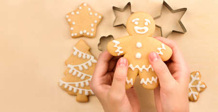 Child making homemade cristmas cookies. Top view, copy spaceの写真素材
