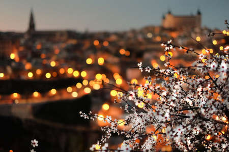 A beautiful panorama of the Spanish city of Toledo with almond blossom, Spain, at dusk. The flowers are in focus, the city is out of focus showing a beautiful bokeh with circular city lightsの写真素材