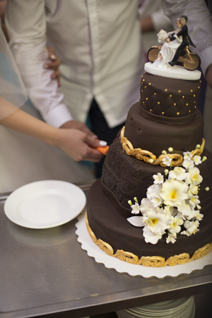 A bride and a groom is cutting their wedding cakeの写真素材