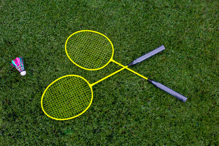 bright badminton rackets and a shuttlecock on the green grassの写真素材