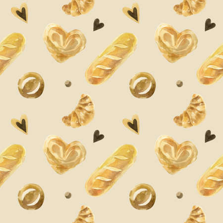 Watercolor seamless pattern of bread elements. Different type of bread.Fresh organic pastries products, loaf, croissant and bread. Vintage watercolor backgroundの写真素材