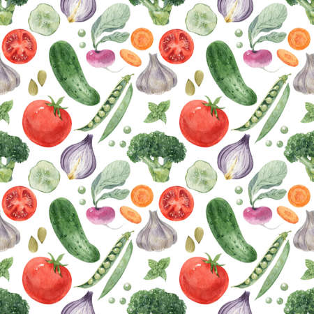 Watercolor seamless background with vegetables on a white background. Menu design, textile design, printing.の写真素材