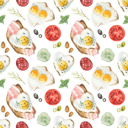 Watercolor seamless pattern with breakfast food. Scrambled eggs, toast with bacon, herbs, tomatoes, olives and herbs. Isolated objects on a white background.の写真素材