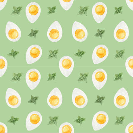 Watercolor seamless pattern with fried eggs. Hand drawn illustration on white background.の写真素材
