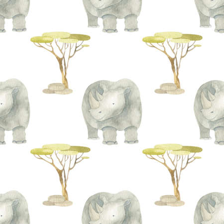 Watercolor seamless pattern with trees of Africa. Isolated object on a white background.の写真素材