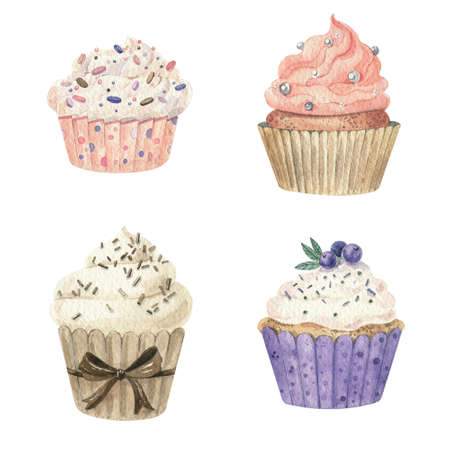 Watercolor set with cupcakes. Hand illustration. Elements isolated on white backgroundの写真素材