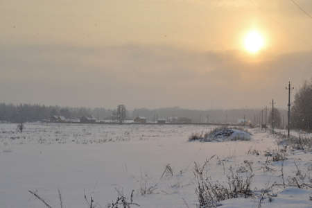 Field covered with snow in sunset lightingの写真素材