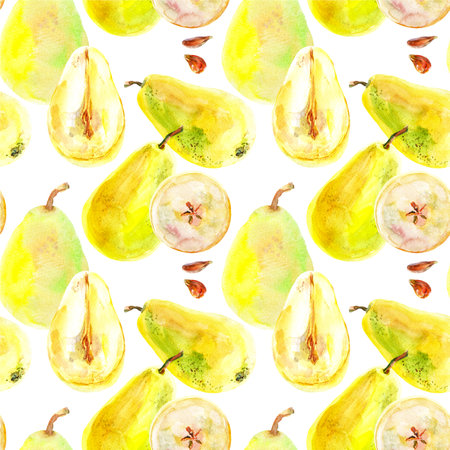 Pattern fresh ripe yellow honey pear fruits. Hand drawn watercolor illustration. Delicious aromatic fruit ripened on a treeの写真素材