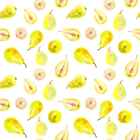 Pattern of fresh ripe yellow honey pear fruits. Hand drawn watercolor illustration. Delicious...