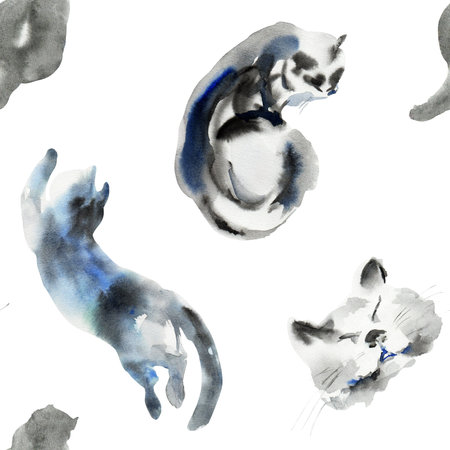 Pattern of cat sketch, animal print stains, beautiful shapes, pastel color palette. Watercolor illustration of sleeping, lying, playing pet. Used in packaging, on fabric, wrapping paperの写真素材