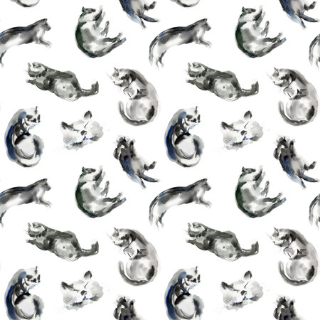 Pattern of cat sketch, animal print stains, beautiful shapes, pastel color palette. Watercolor illustration of sleeping, lying, playing pet. Used in packaging, on fabric, wrapping paperの写真素材