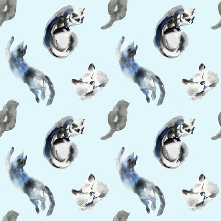Pattern of cat sketch, animal print stains, beautiful shapes, pastel color palette. Watercolor illustration of sleeping, lying, playing pet. Used in packaging, on fabric, wrapping paperの写真素材