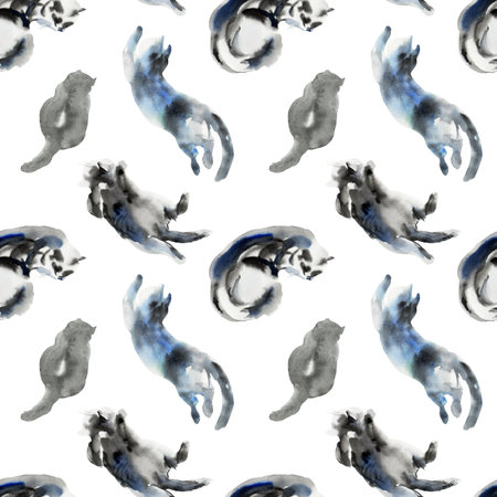 Pattern of cat sketch, animal print stains, beautiful shapes, pastel color palette. Watercolor illustration of sleeping, lying, playing pet. Used in packaging, on fabric, wrapping paperの写真素材