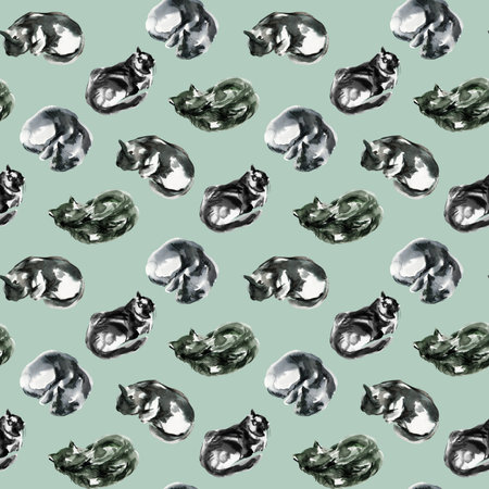 Pattern of cat sketch, animal print stains, beautiful shapes, pastel color palette. Watercolor illustration of sleeping, lying, playing pet. Used in packaging, on fabric, wrapping paperの写真素材