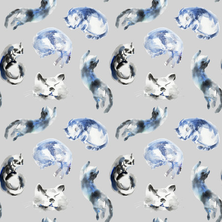 Cat sketch pattern, animal print stains, beautiful shapes, pastel color palette. Watercolor illustration of sleeping, lying, playing pet. Used in packaging, on fabric, wrapping paperの写真素材