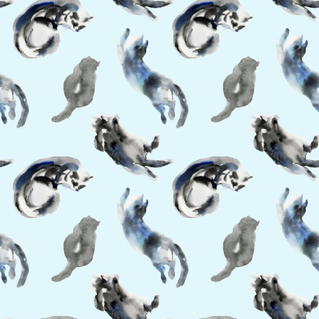 Pattern of cat sketch, animal print stains, beautiful shapes, pastel color palette. Watercolor illustration of sleeping, lying, playing pet. Used in packaging, on fabric, wrapping paperの写真素材