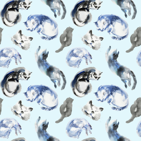 Pattern of cat sketch, animal print stains, beautiful shapes, pastel color palette. Watercolor illustration of sleeping, lying, playing pet. Used in packaging, on fabric, wrapping paperの写真素材