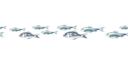 Seamless border of swimming fish in the lane in watercolor. A flock of small fish with big fish swim...